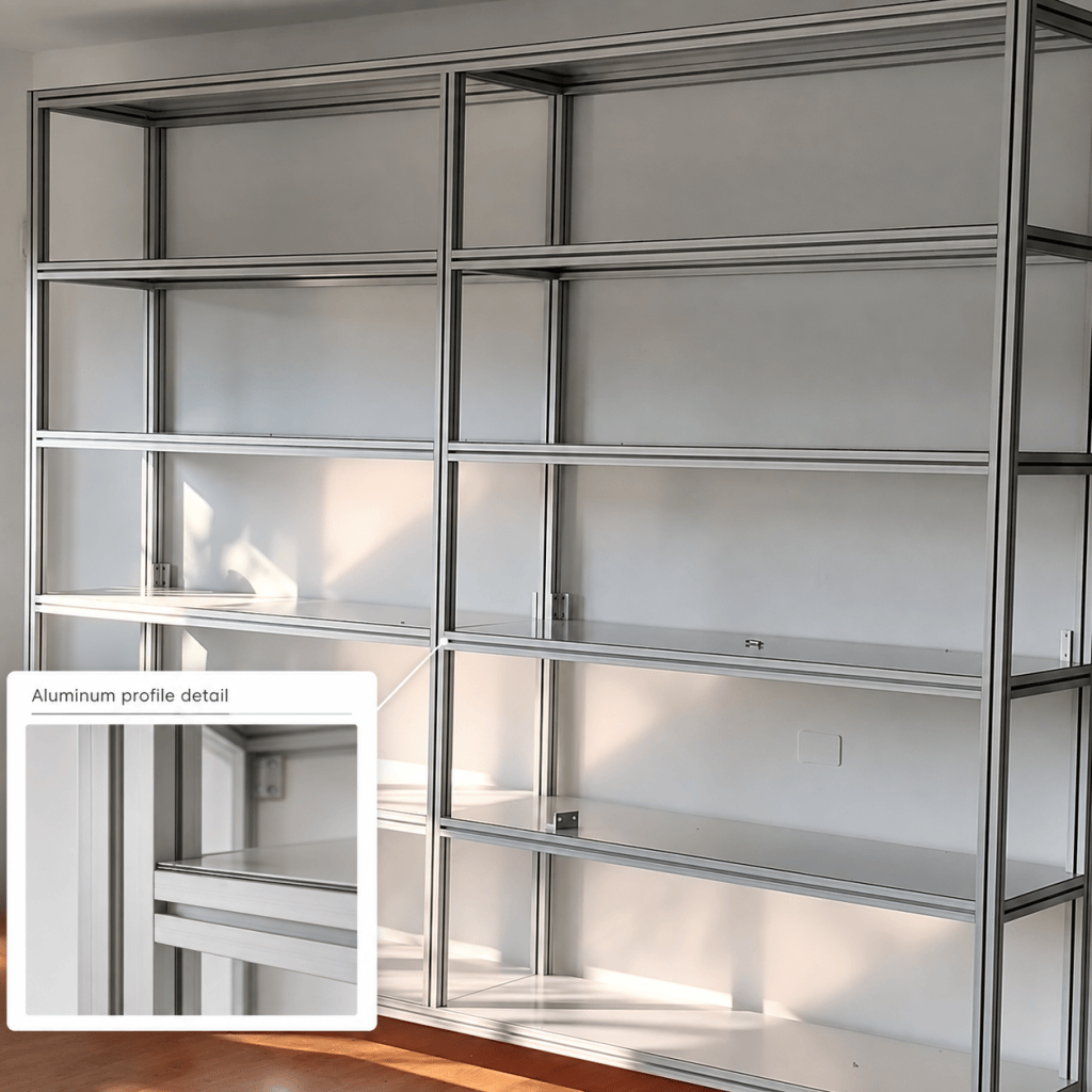Oltrefrontiera Material Library aluminium shelving system with inset detail of the modular profile construction