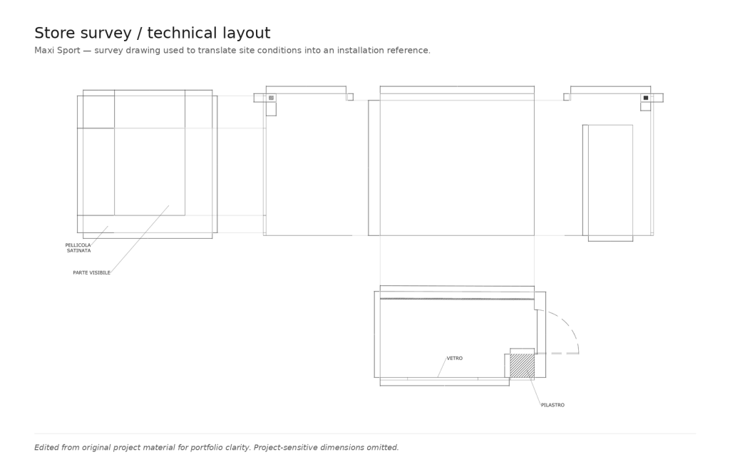 Technical store survey drawing used for site-specific adaptation of the EA7 Winter Games retail installation