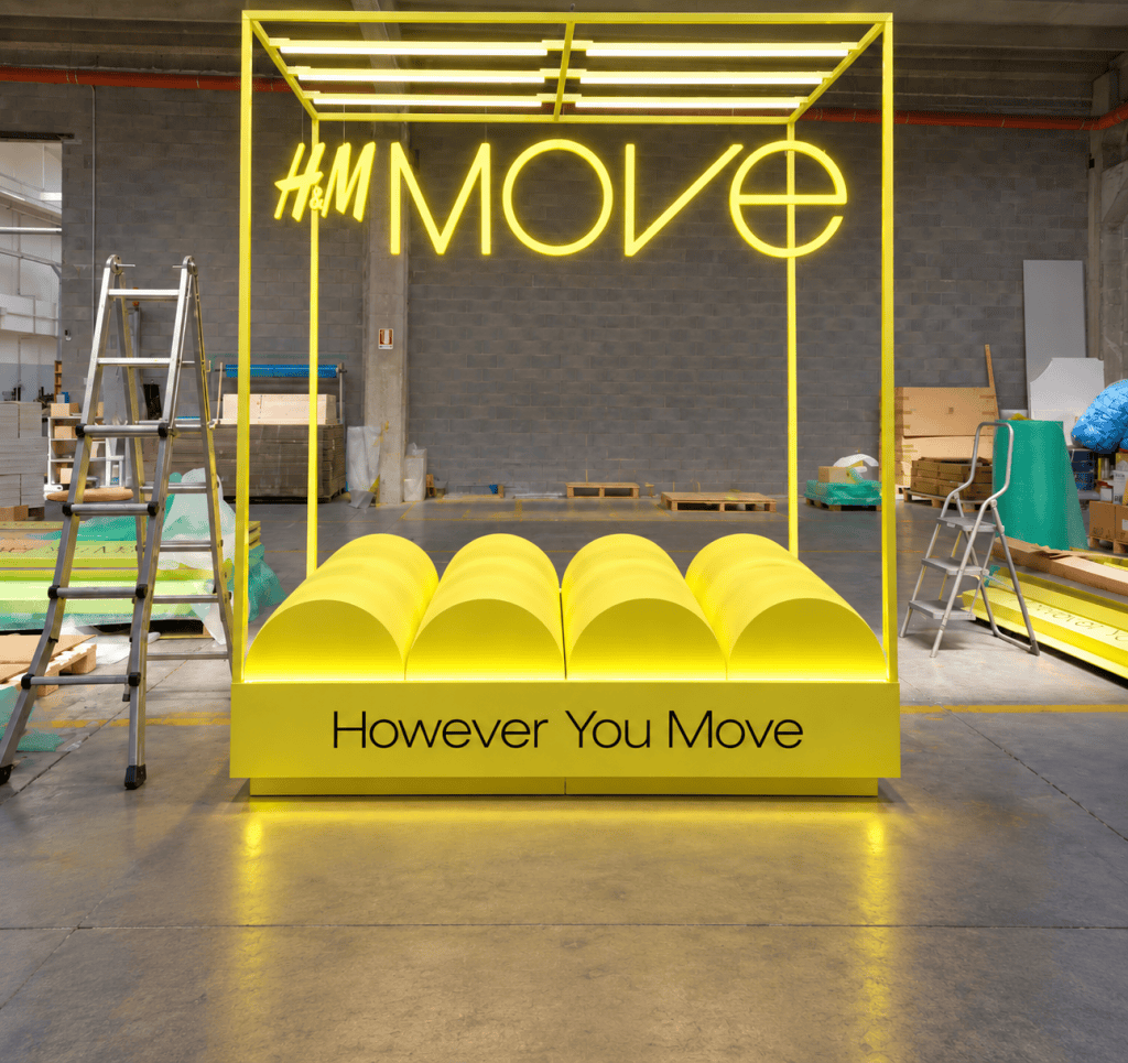 Illustrative digital reconstruction of the completed H&M Move retail display in a production workshop setting