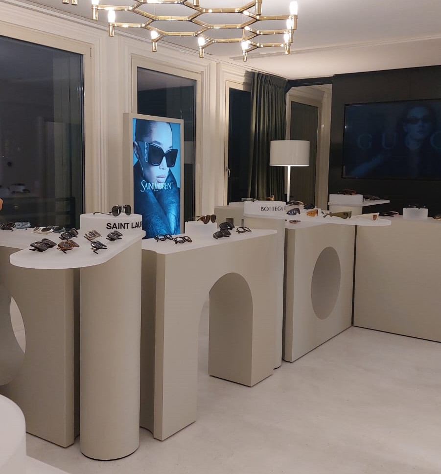Final Kering Eyewear showroom installation in Milan with multi-brand eyewear display units