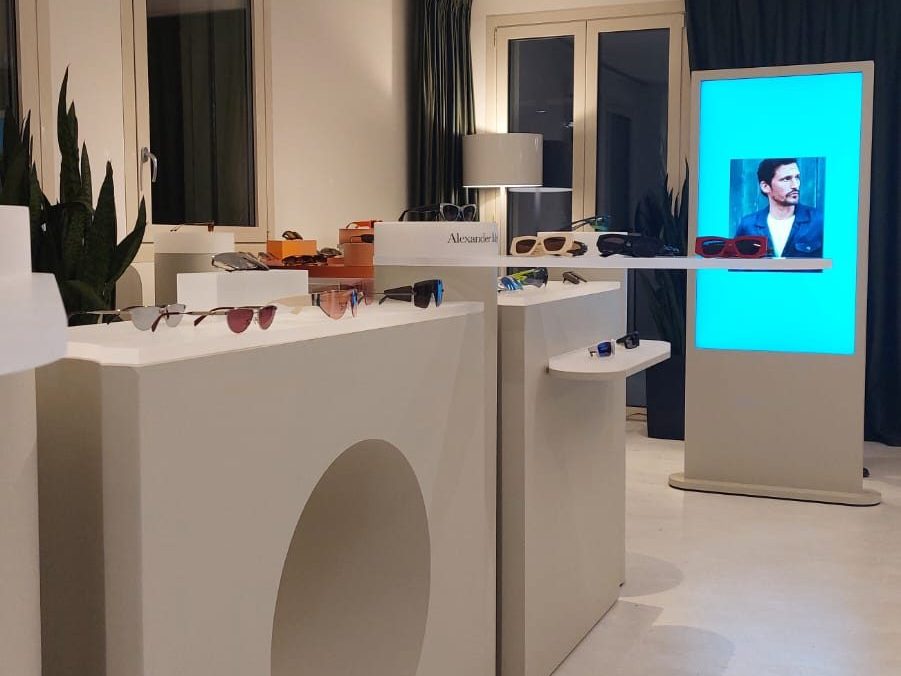 Kering Eyewear showroom installation in Milan with modular eyewear display units