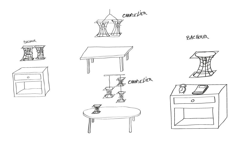 Early Knotlight concept sketches exploring chandelier, table lamp and wall lamp configurations