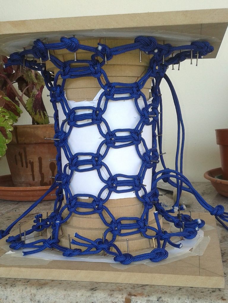 Knotlight woven rope prototype assembled around the removable wooden jig