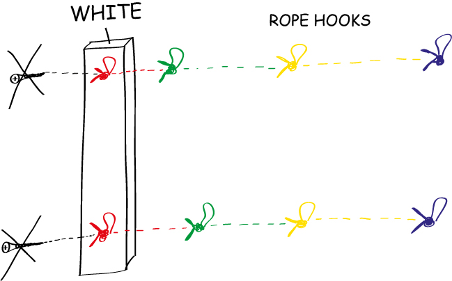 Knotlight wall attachment study using knotted rope hooks instead of visible screw fixings