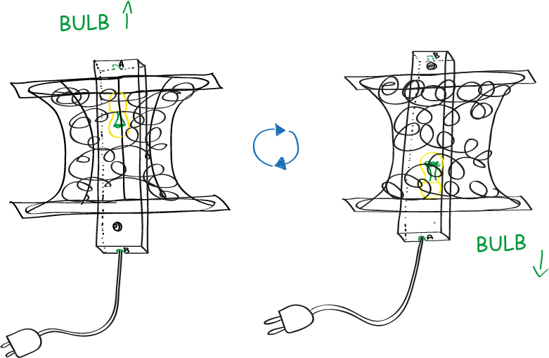 Knotlight design sketch showing the 180-degree rotating configuration of the wall lamp