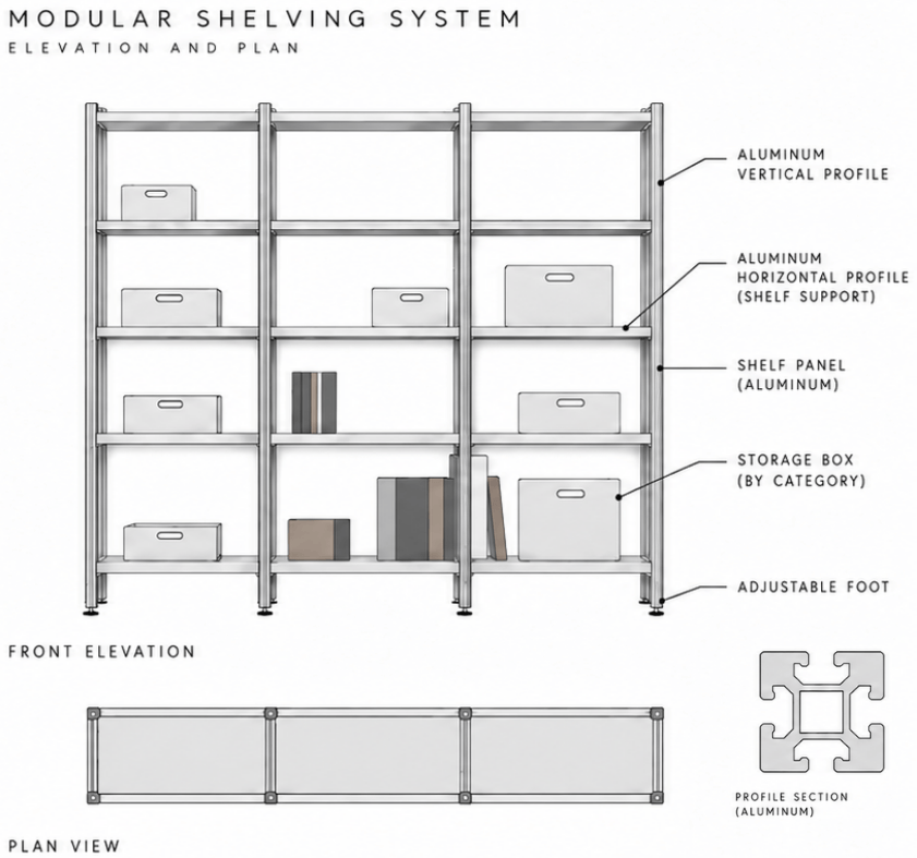 Technical illustration of the aluminium profile, horizontal shelf support and shelf panel used in the Oltrefrontiera Material Library shelving system