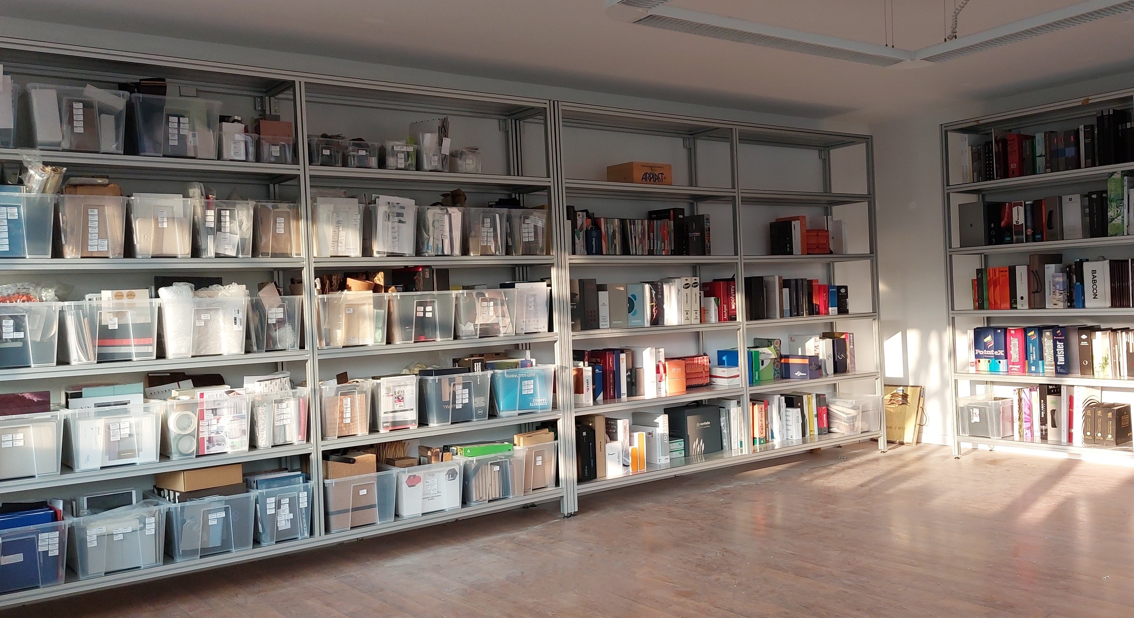 Oltrefrontiera Material Library with custom shelving, physical material samples and catalog archive