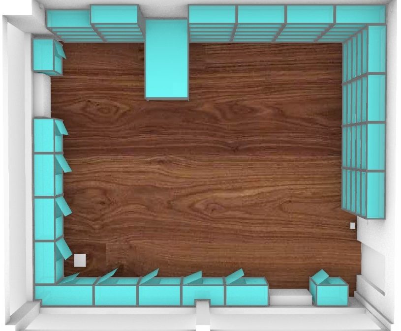 Top-view layout of the Oltrefrontiera Material Library showing the custom storage system arranged around the room